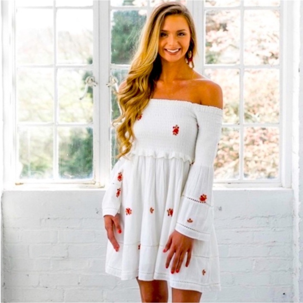 Free People Counting Daisies Off the Shoulder Embroidered Mini Dress